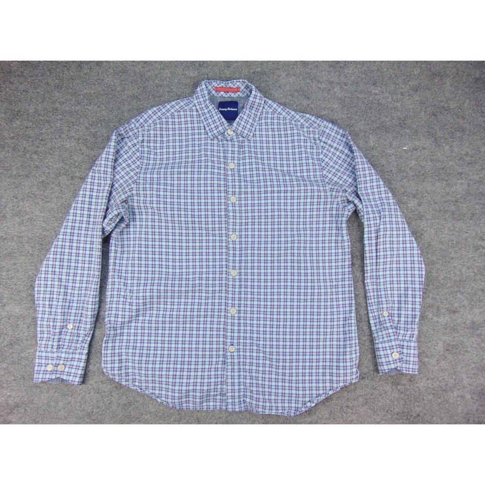 Tommy Bahama Shirt Mens Large Blue Red Plaid Cotton Silk Blend Button Up Coastal